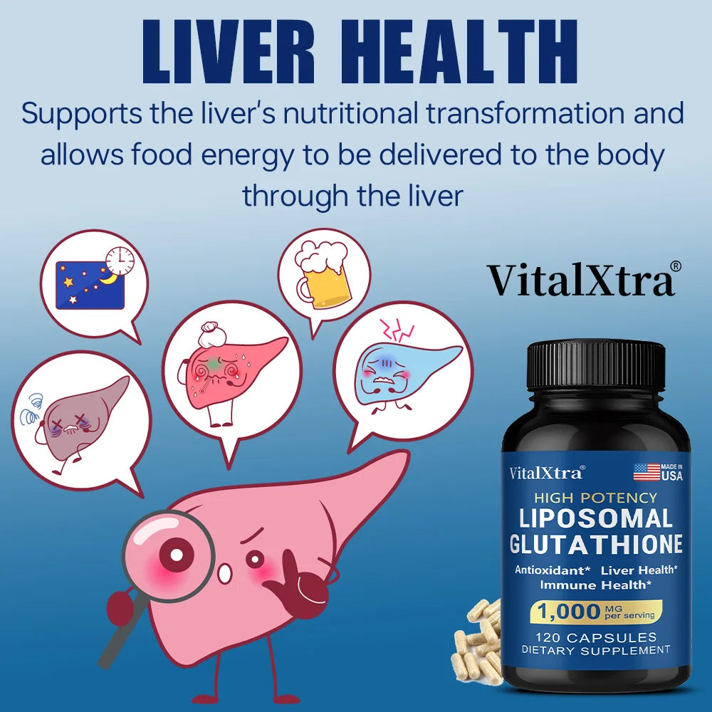 Liposome Glutathione supplement by VitalXtra in a black bottle with a model showcasing skin health and beauty.