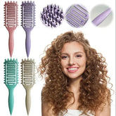 Curl Define Styling Brush Hollow collection featuring various colors and a model with beautiful curly hair.