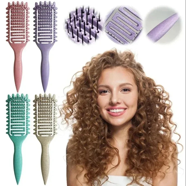 Curl Define Styling Brush Hollow collection featuring various colors and a model with beautiful curly hair.