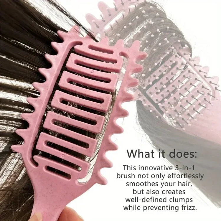 Curl Define Styling Brush Hollow collection featuring various colors and a model with beautiful curly hair.