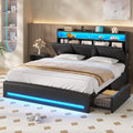 Full Size Bed Frame with Storage Headboard & 4 Drawers, LED Bed Frame Full Size with Charging Station, Leather, Customized
