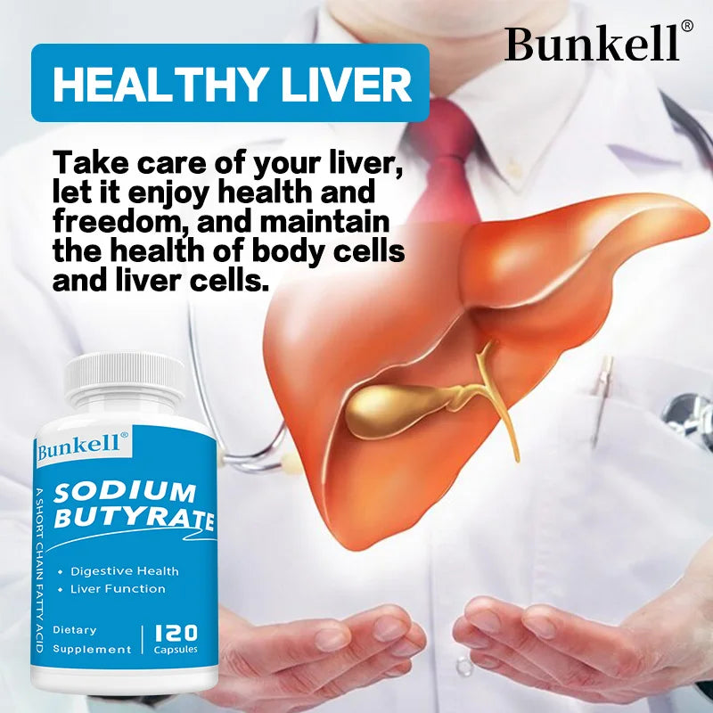 Sodium Butyrate Gut Health Supplement by Bunkell, promoting digestive health and liver function, 120 capsules.