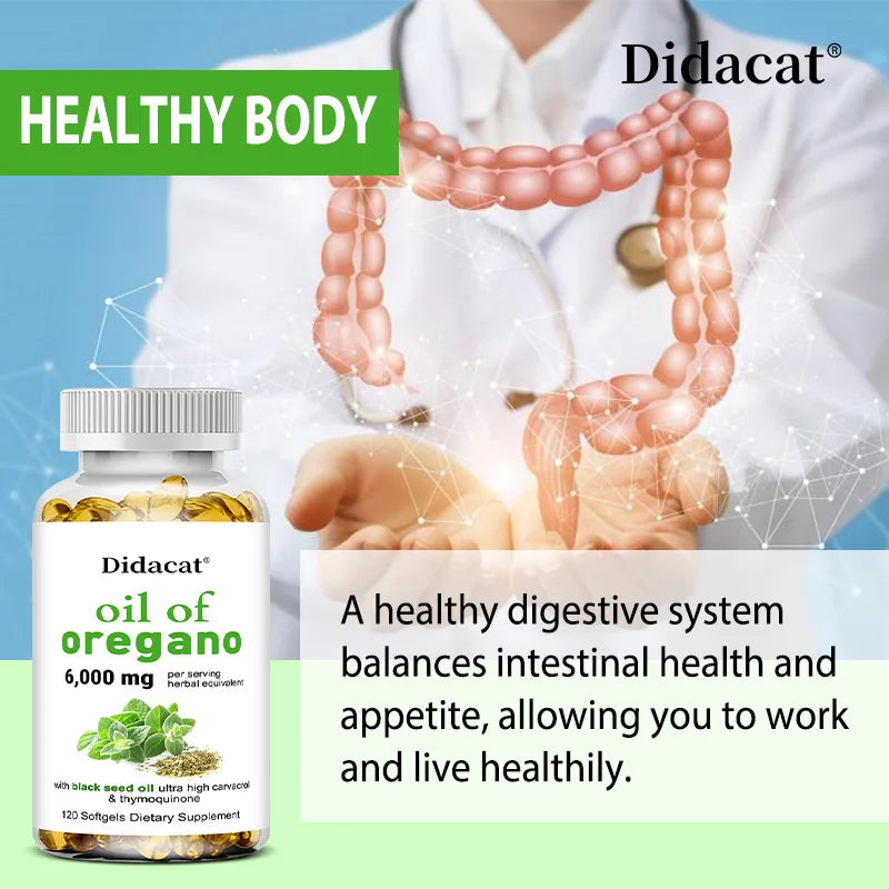 Oregano oil softgels for intestinal health, antioxidant benefits, Didacat brand, 120 softgels dietary supplement