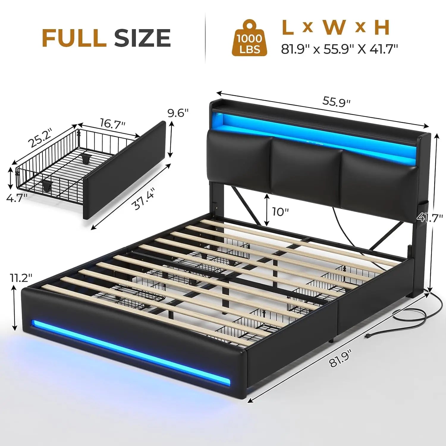 Full Size Bed Frame with Storage Headboard & 4 Drawers, LED Bed Frame Full Size with Charging Station, Leather, Customized