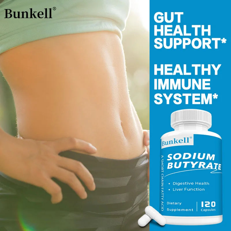 Sodium Butyrate Gut Health Supplement by Bunkell, promoting digestive health and liver function, 120 capsules.