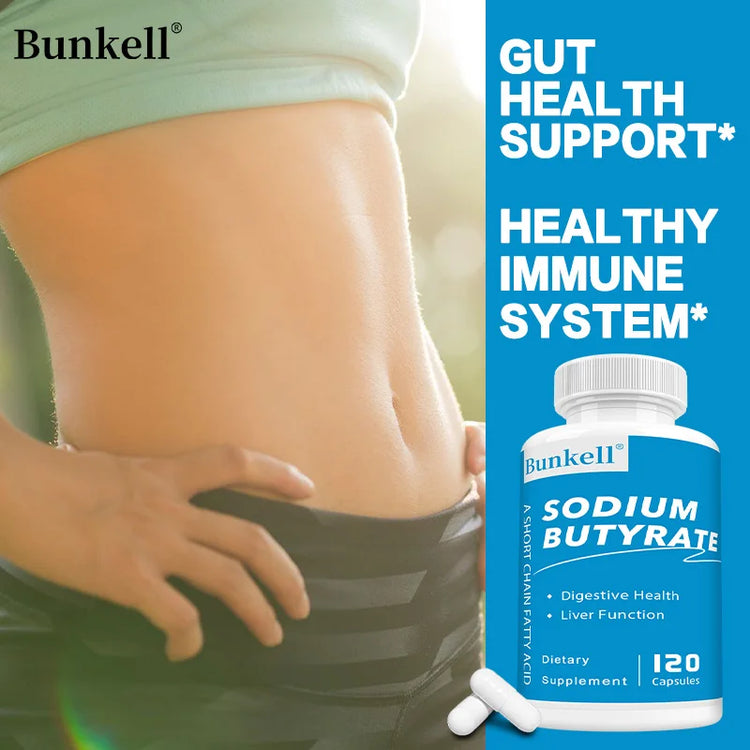 Sodium Butyrate Gut Health Supplement by Bunkell, promoting digestive health and liver function, 120 capsules.