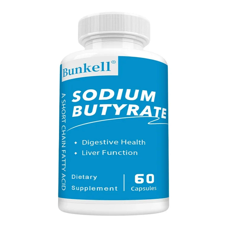 Sodium Butyrate Gut Health Supplement by Bunkell, promoting digestive health and liver function, 120 capsules.
