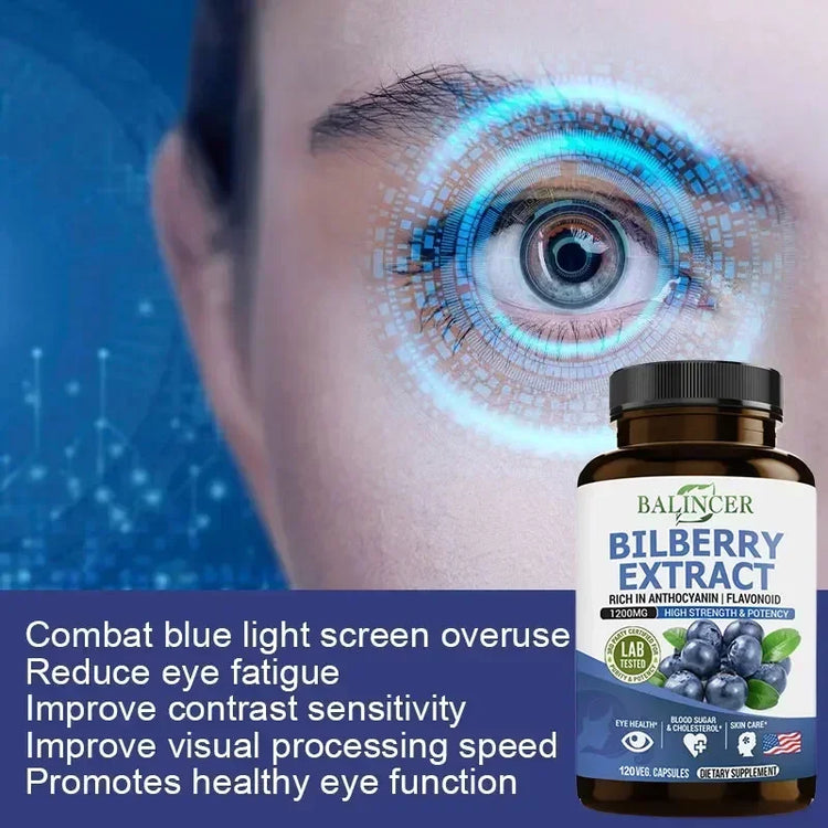 Bilberry Extract Supplement by Balincer in bottles, promotes eye health, healthy blood levels, and skin care.