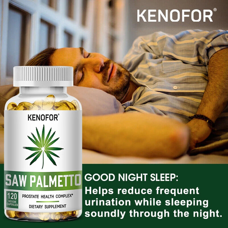 Saw Palmetto Capsules bottle with benefits: supports prostate health, reduces hair loss and promotes restful sleep.