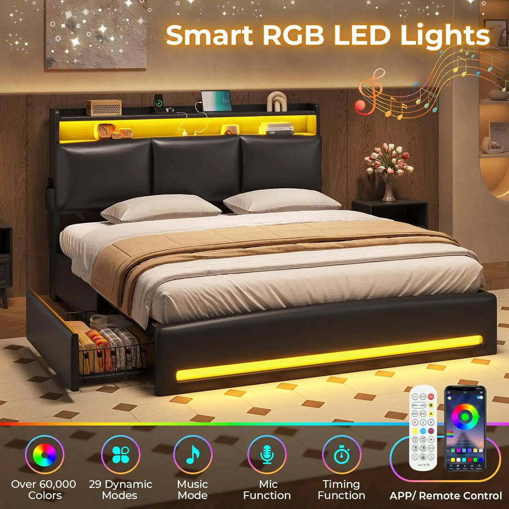 Full Size Bed Frame with Storage Headboard & 4 Drawers, LED Bed Frame Full Size with Charging Station, Leather, Customized