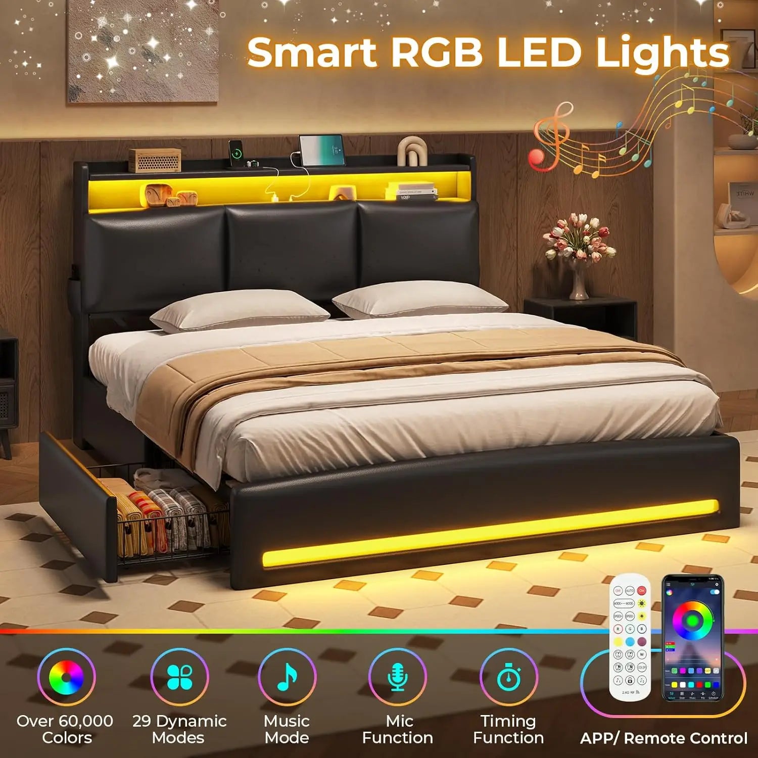 Full Size Bed Frame with Storage Headboard & 4 Drawers, LED Bed Frame Full Size with Charging Station, Leather, Customized