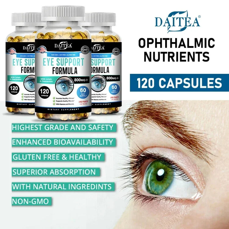 Lutein and Zeaxanthin Capsules in a bottle by DAITEA, eye health supplement for healthy vision and support.