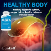 Sodium Butyrate Gut Health Supplement by Bunkell, promoting digestive health and liver function, 120 capsules.