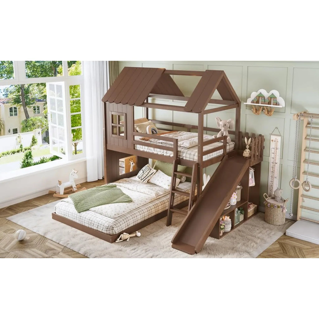 Twin Over Full House Bunk Bed with Ladder Slide Storage Shelves Wardrobe Playhouse Wood Frame Kids Bedroom Custom