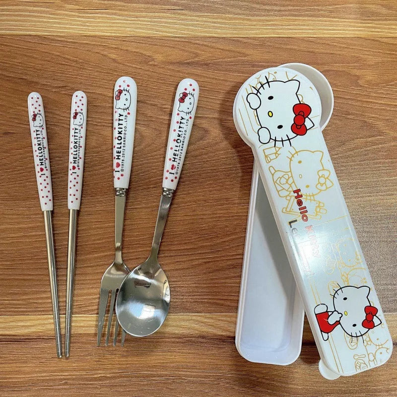 Anime Hello Kitty Kitchen Tableware KT Cat Stainless Steel Chopsticks Spoon Fork Student Office Portable Dinnerware Set Gifts