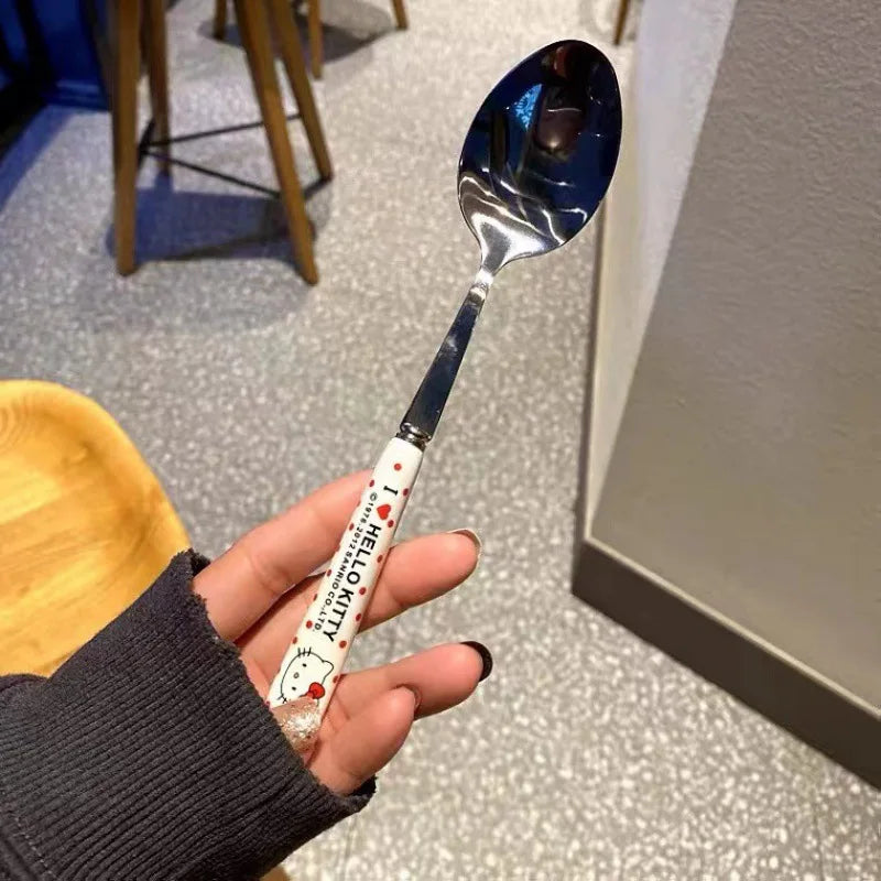 Anime Hello Kitty Kitchen Tableware KT Cat Stainless Steel Chopsticks Spoon Fork Student Office Portable Dinnerware Set Gifts
