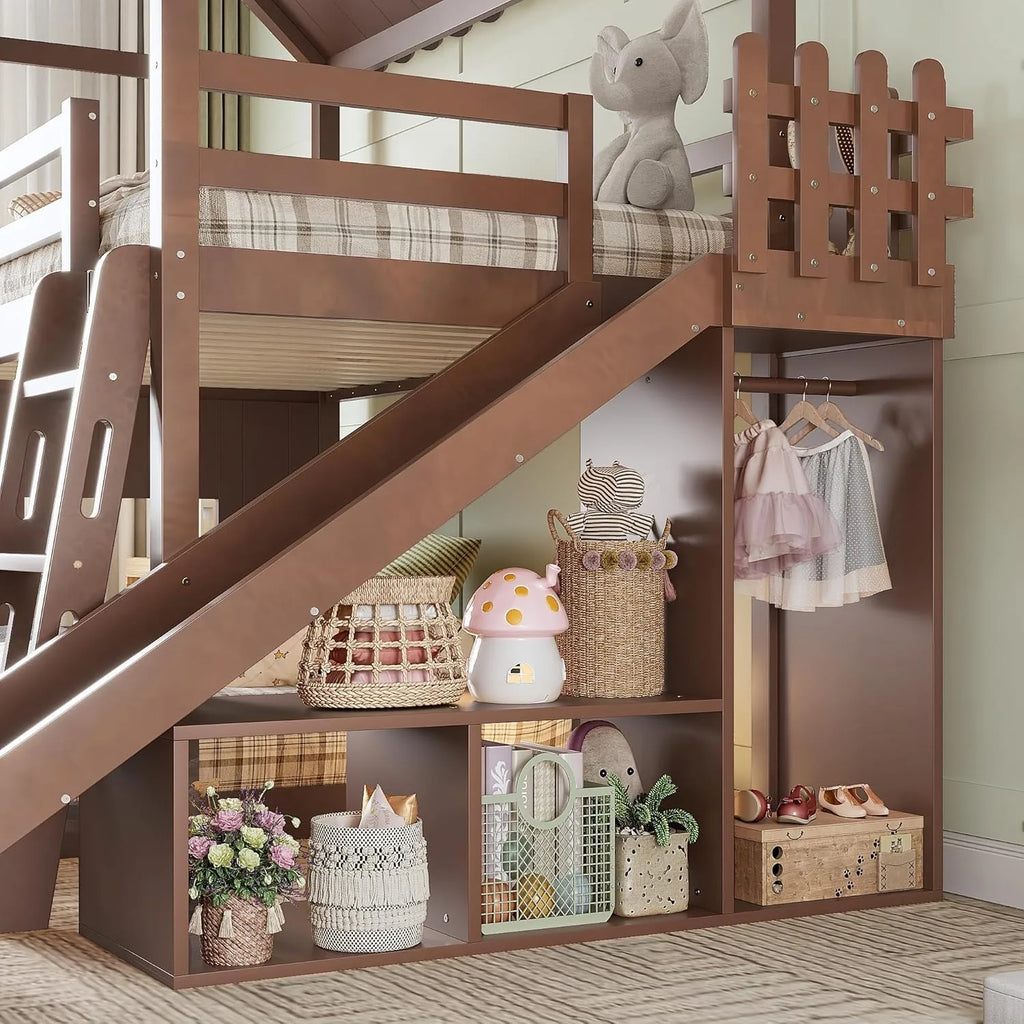 Twin Over Full House Bunk Bed with Ladder Slide Storage Shelves Wardrobe Playhouse Wood Frame Kids Bedroom Custom