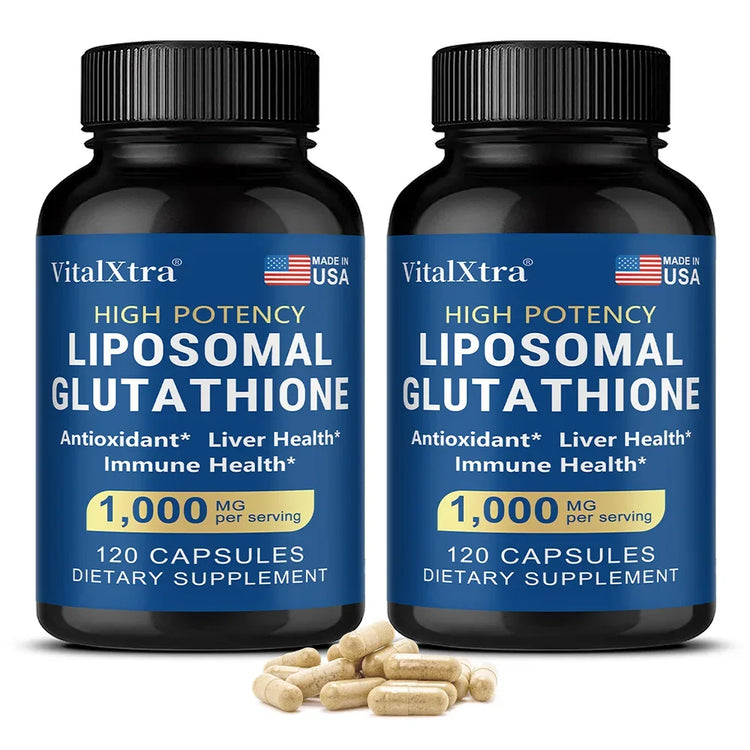 Liposome Glutathione supplement by VitalXtra in a black bottle with a model showcasing skin health and beauty.