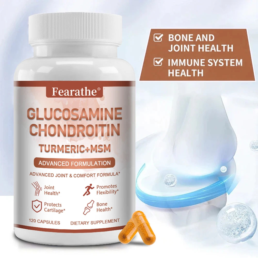 Glucosamine Chondroitin Turmeric MSM Supplement bottle with joint health benefits highlighted.