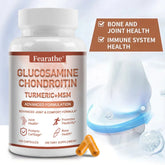 Glucosamine Chondroitin Turmeric MSM Supplement bottle with joint health benefits highlighted.