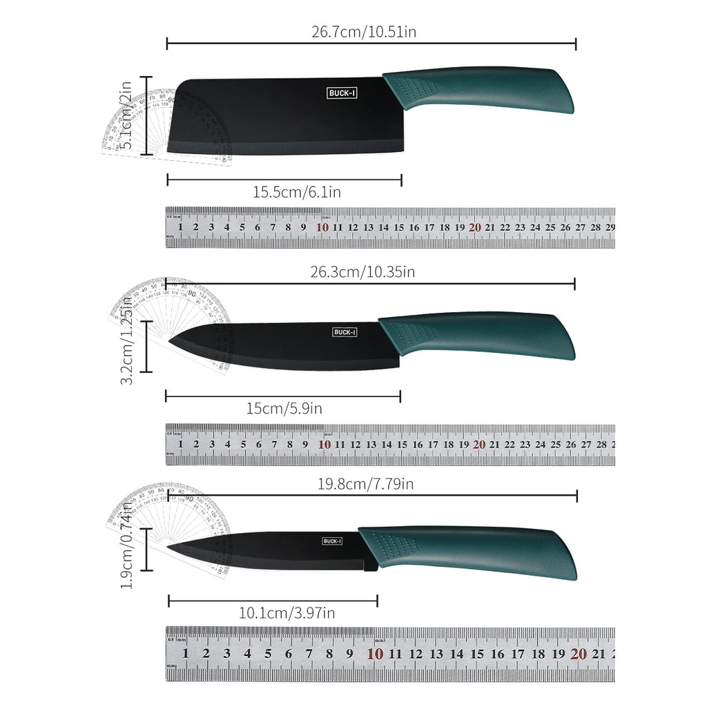 Kitchen knife set, including a small utility knife, chef's knife, and fruit knife with knife covers, for cutting meat, vegetable