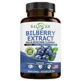 Bilberry Extract Supplement by Balincer in bottles, promotes eye health, healthy blood levels, and skin care.