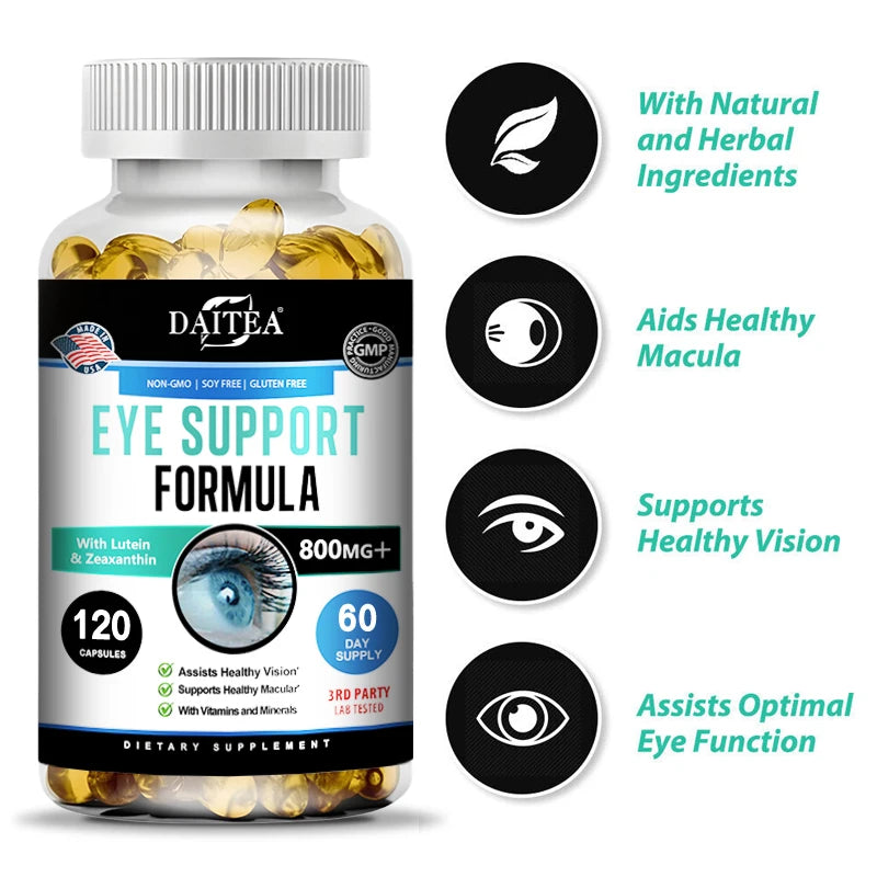 Lutein and Zeaxanthin Capsules in a bottle by DAITEA, eye health supplement for healthy vision and support.