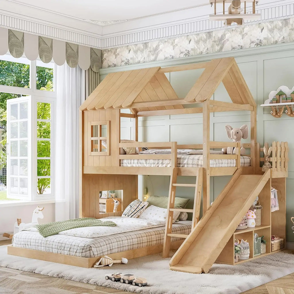 Twin Over Full House Bunk Bed with Ladder Slide Storage Shelves Wardrobe Playhouse Wood Frame Kids Bedroom Custom