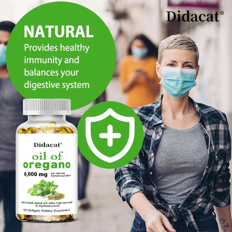 Oregano oil softgels for intestinal health, antioxidant benefits, Didacat brand, 120 softgels dietary supplement