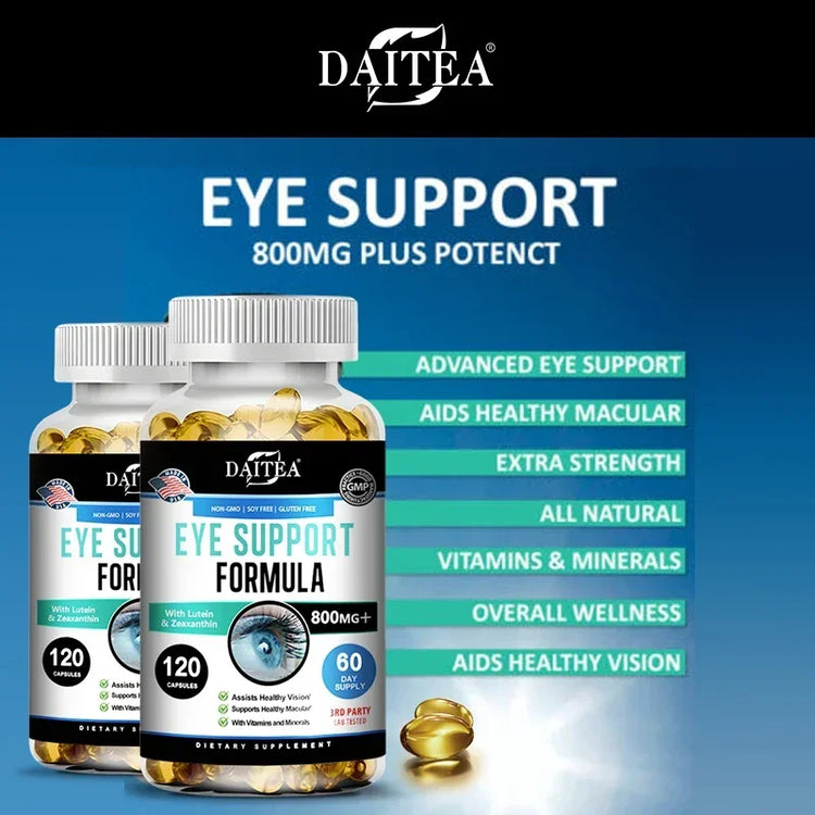 Lutein and Zeaxanthin Capsules in a bottle by DAITEA, eye health supplement for healthy vision and support.