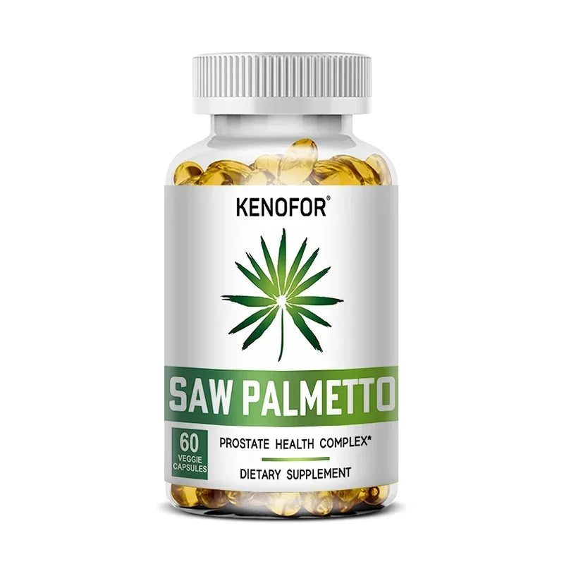 Saw Palmetto Capsules bottle with benefits: supports prostate health, reduces hair loss and promotes restful sleep.