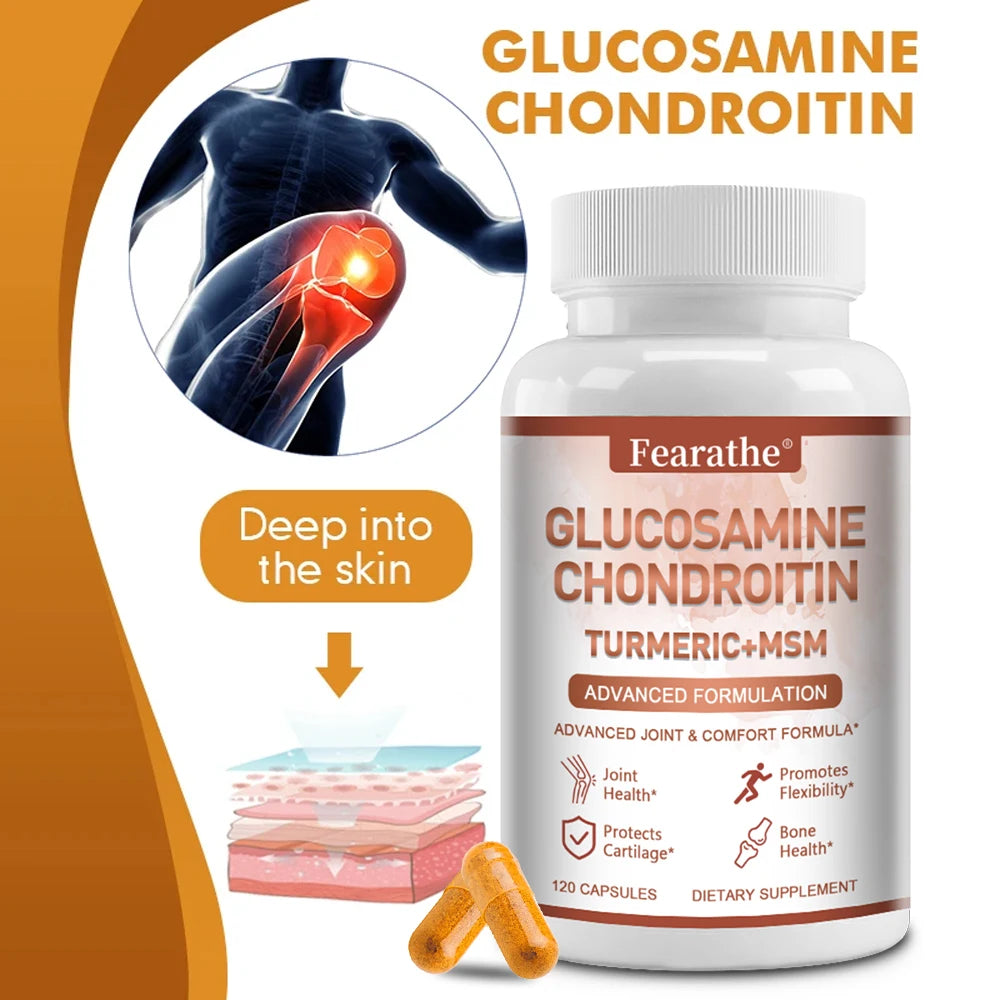 Glucosamine Chondroitin Turmeric MSM Supplement bottle with joint health benefits highlighted.