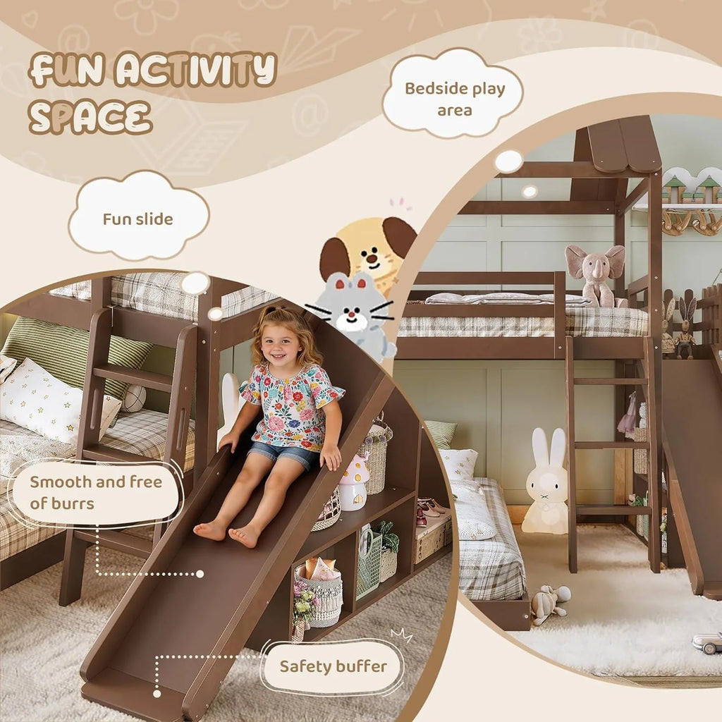 Twin Over Full House Bunk Bed with Ladder Slide Storage Shelves Wardrobe Playhouse Wood Frame Kids Bedroom Custom