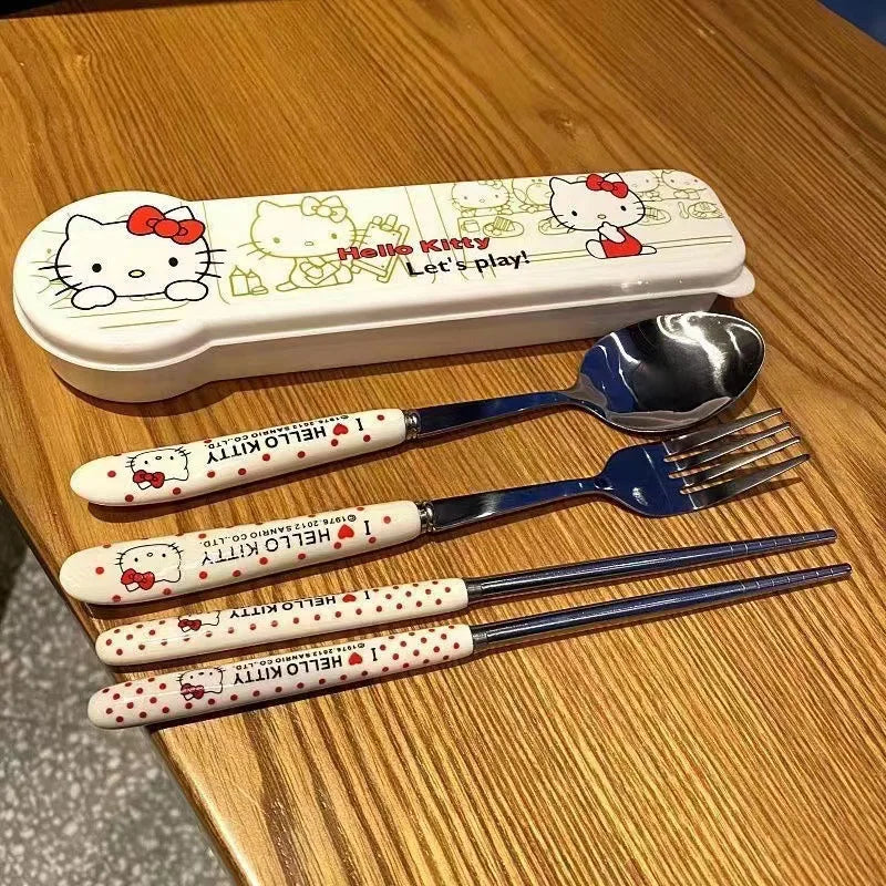 Anime Hello Kitty Kitchen Tableware KT Cat Stainless Steel Chopsticks Spoon Fork Student Office Portable Dinnerware Set Gifts