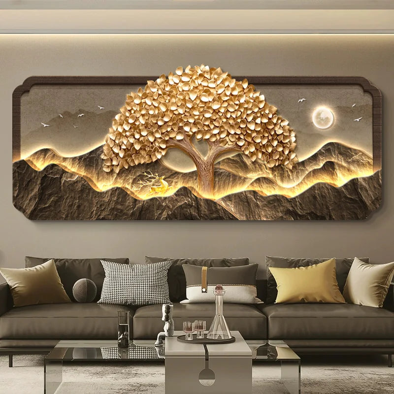 2025 Living Room Decoration Painting LED Lights Wealth Tree Sofa Background Wall Mural High-End Tea Room Office Hanging Painting