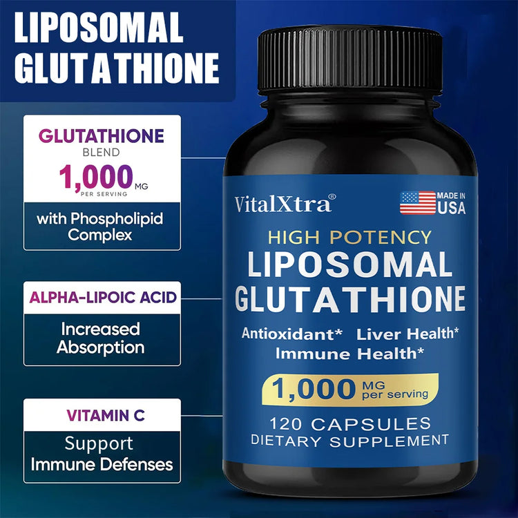 Liposome Glutathione supplement by VitalXtra in a black bottle with a model showcasing skin health and beauty.