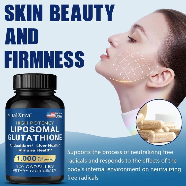 Liposome Glutathione supplement by VitalXtra in a black bottle with a model showcasing skin health and beauty.