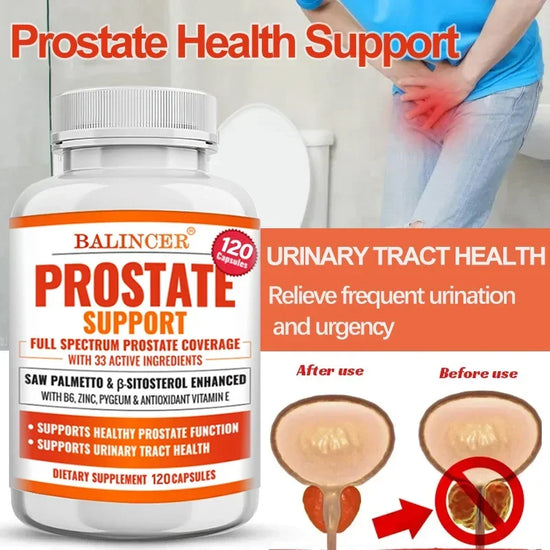 Prostate Supplements for Men - Balincer Prostate Support bottle with benefits for urinary tract health.