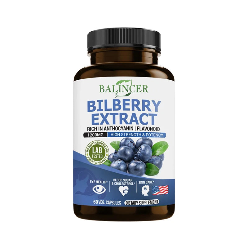 Bilberry Extract Supplement by Balincer in bottles, promotes eye health, healthy blood levels, and skin care.