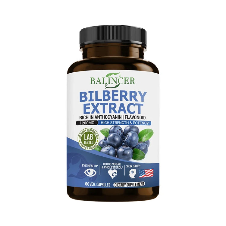 Bilberry Extract Supplement by Balincer in bottles, promotes eye health, healthy blood levels, and skin care.