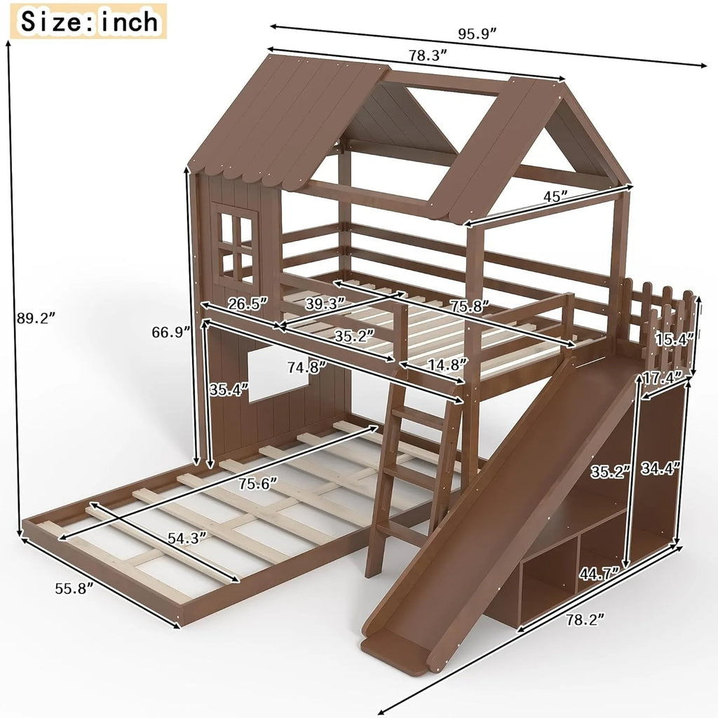 Twin Over Full House Bunk Bed with Ladder Slide Storage Shelves Wardrobe Playhouse Wood Frame Kids Bedroom Custom