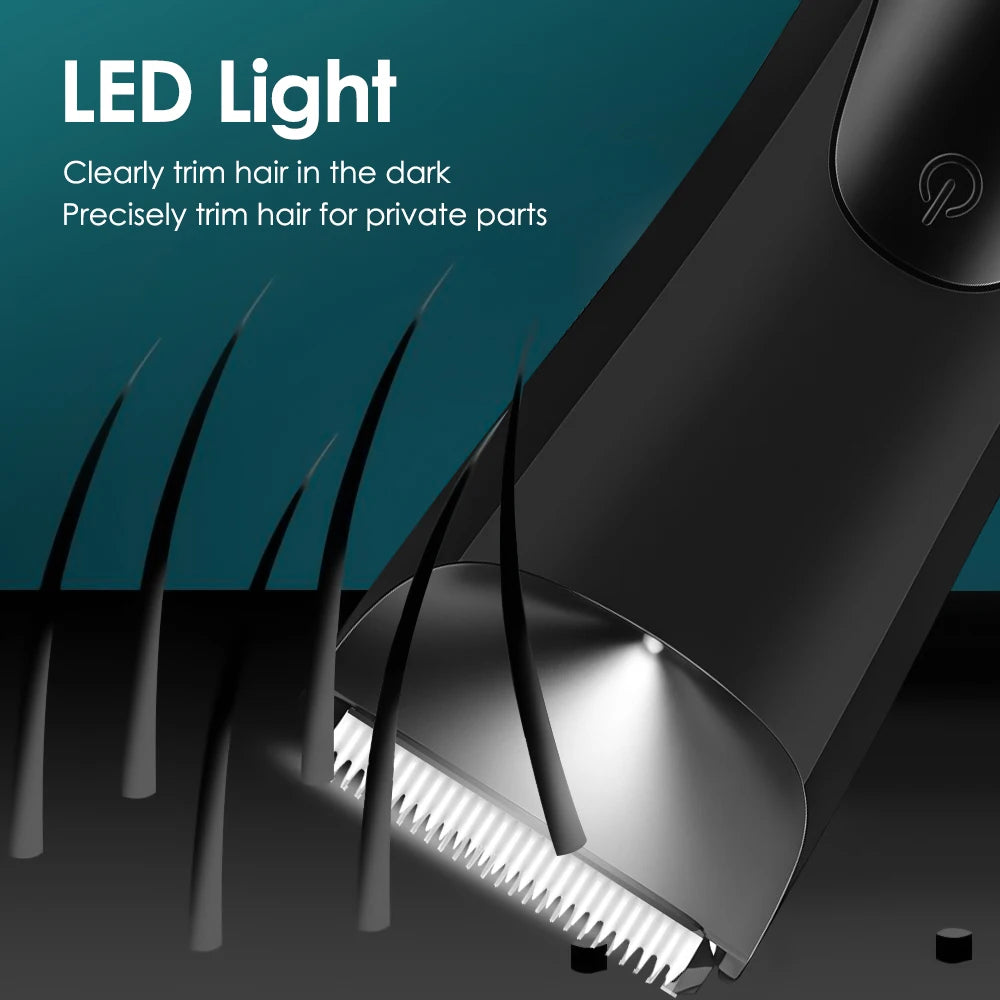Men's Electric Groin Body Hair Trimmer with LED Light Includes 2 Guard Attachments Ceramic Blade Head Wet And Dry Shaver