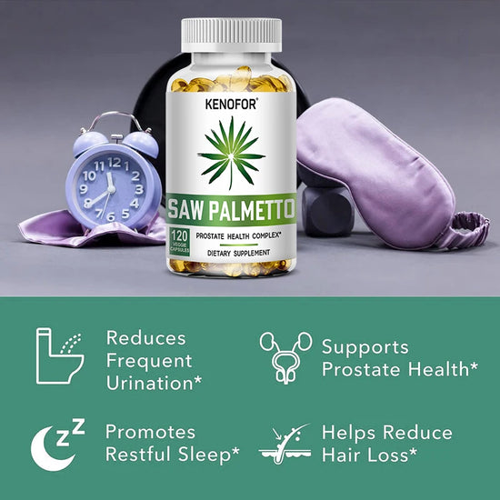 Saw Palmetto Capsules bottle with benefits: supports prostate health, reduces hair loss and promotes restful sleep.