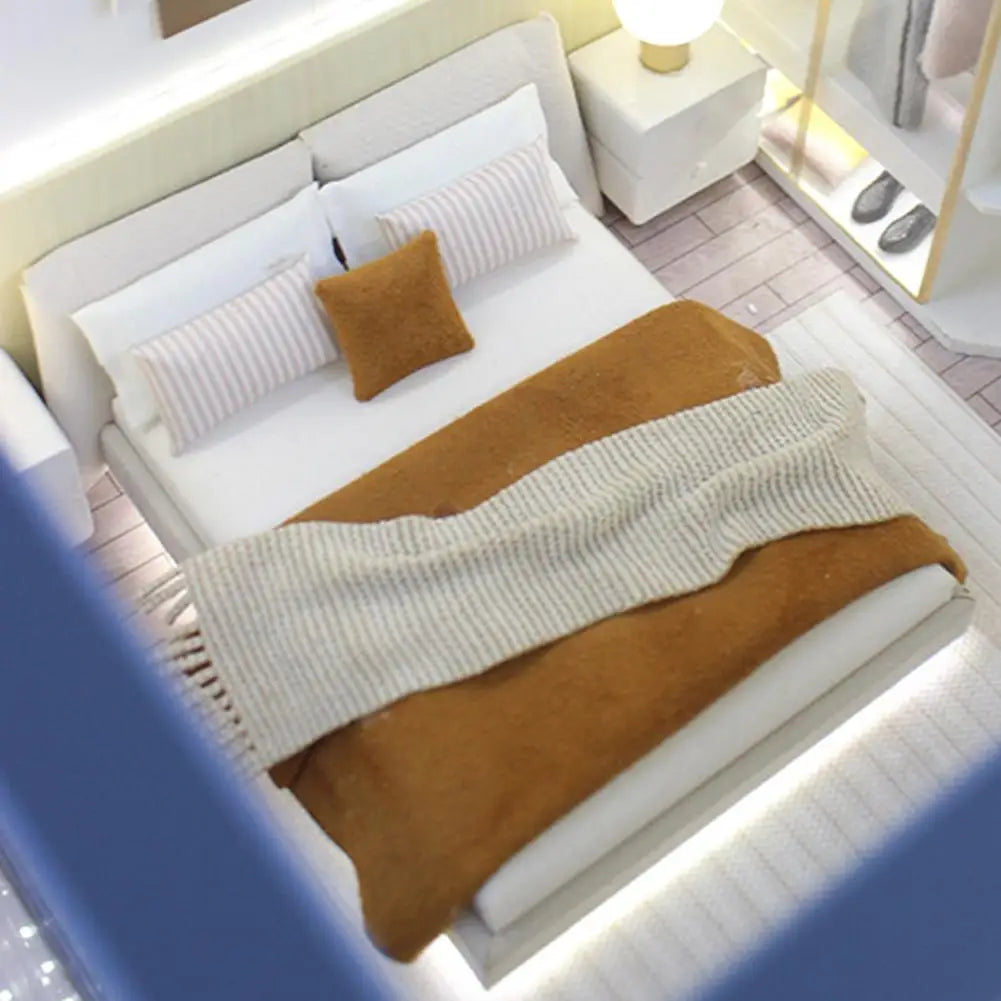 Bedroom Miniature Double Bed And Beddings New Cream Style Miniature Furniture Decoration
